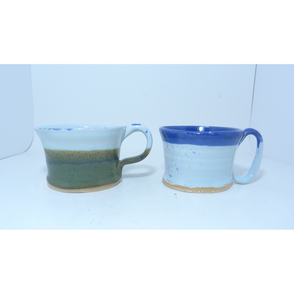 ACE Studio Pottery Hand Thrown Mugs Set of 2 Blue Green Glaze Ceramic Artisan